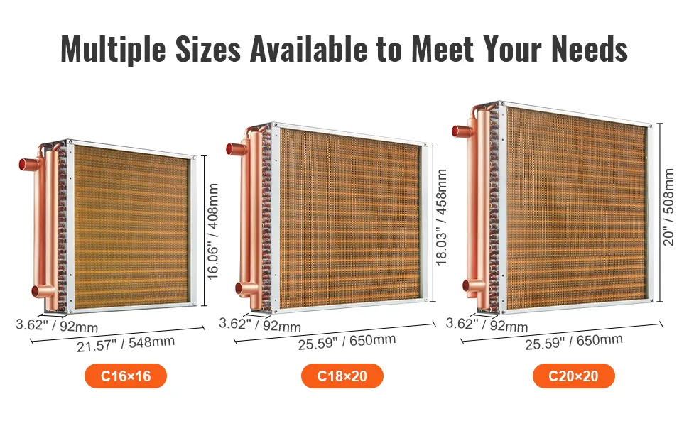 VEVOR heat exchanger in three sizes: c16x16, c18x20, and c20x20 with detailed measurements.