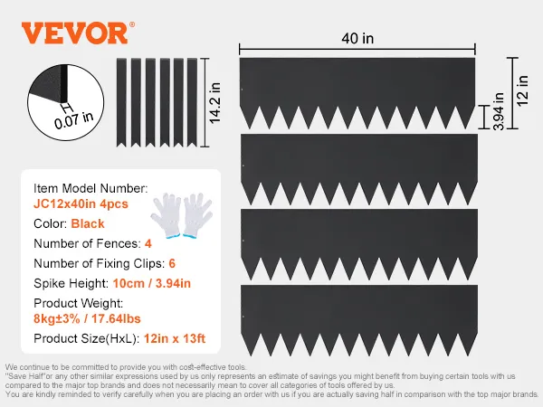 VEVOR steel landscape edging, 40-inch sections, black color, includes gloves and fixing clips.