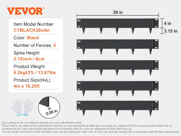 VEVOR steel landscape edging, black, 39x4in, pack of 5, includes gloves. spike height: 3.15in/8cm.