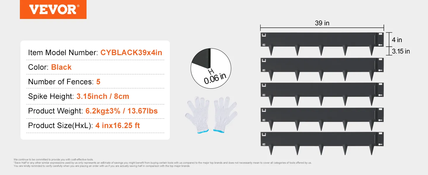 VEVOR steel landscape edging, black, 39x4in, pack of 5, includes gloves. spike height: 3.15in/8cm.