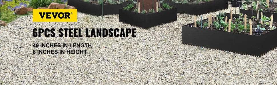 VEVOR steel landscape edging in a garden with gravel paths and raised garden beds.