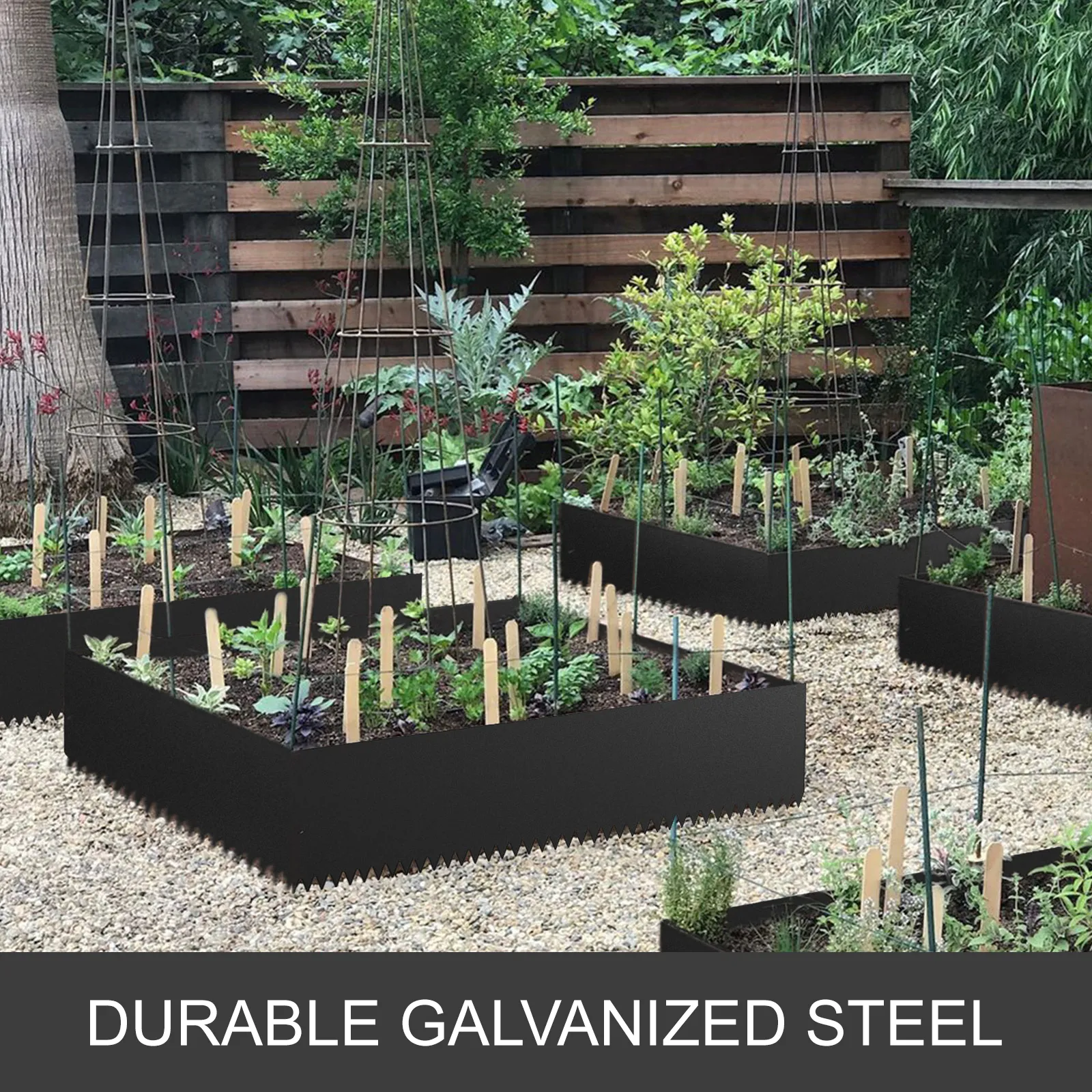 raised garden beds using VEVOR steel landscape edging in a vibrant backyard garden.