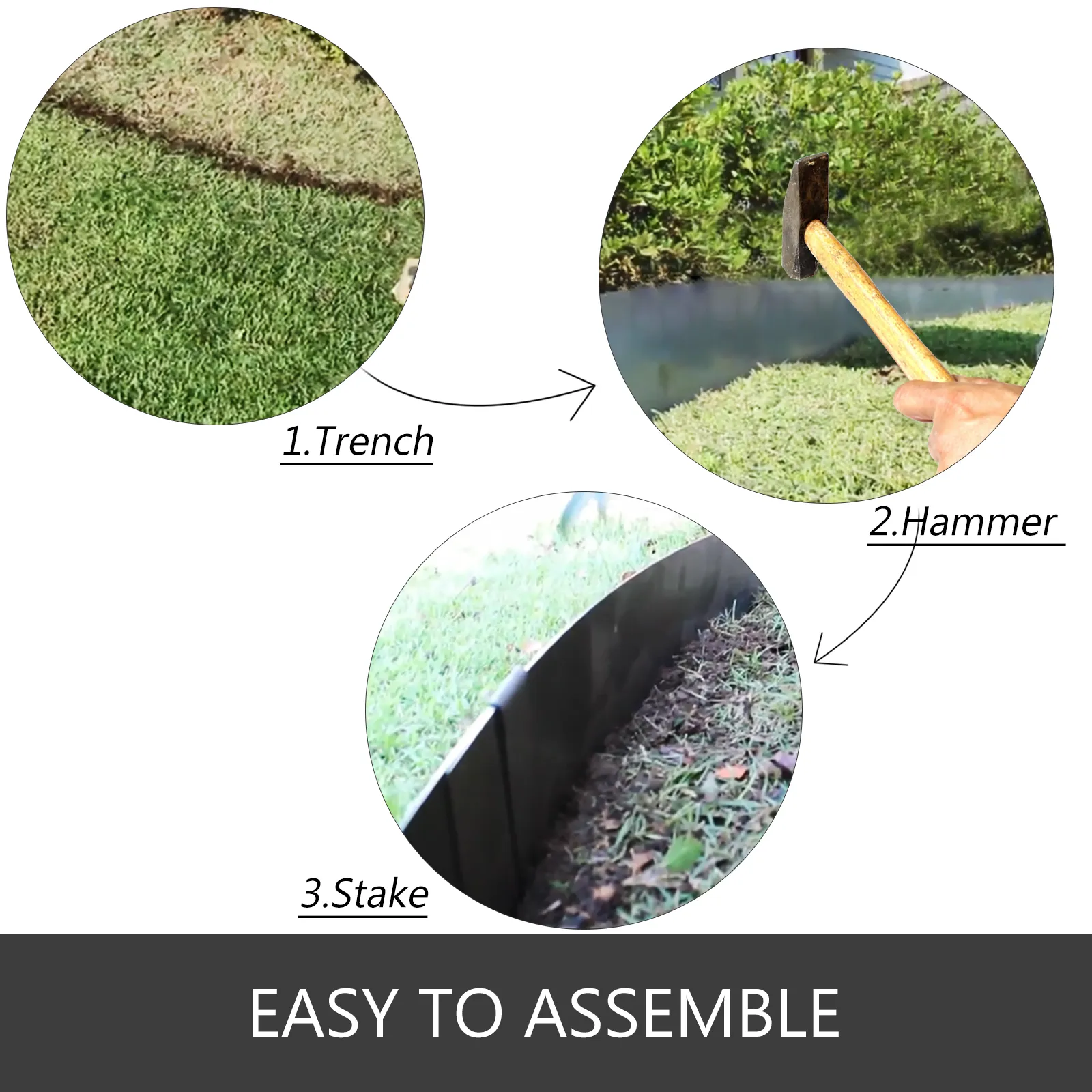 VEVOR steel landscape edging setup steps: trench, hammer, stake. easy to assemble.