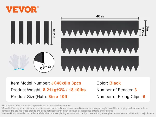 Zestaw stalowych obrzeży ogrodowych VEVOR zawiera 3 czarne ogrodzenia, 5 klipsów, rękawice i szczegółowe wymiary.