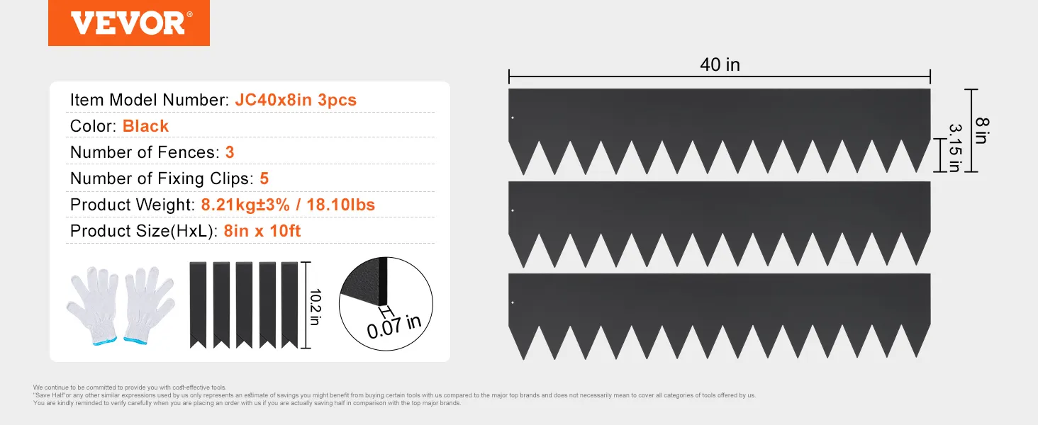 Zestaw stalowych obrzeży ogrodowych VEVOR zawiera 3 czarne ogrodzenia, 5 klipsów, rękawice i szczegółowe wymiary.