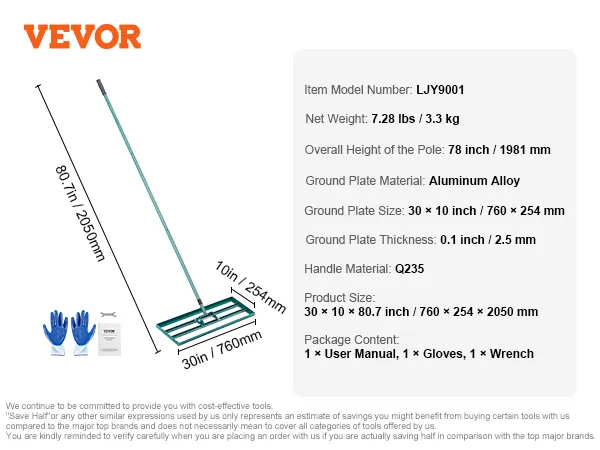 VEVOR lawn leveling rake with 80.7in handle, aluminum alloy ground plate, includes gloves and wrench.