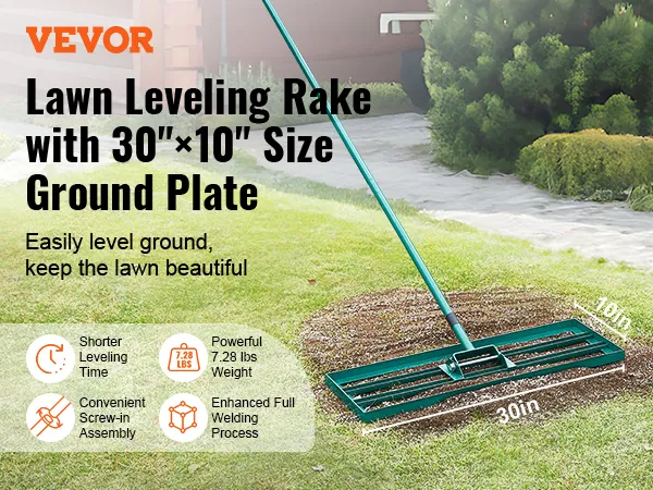 VEVOR lawn leveling rake with 30"x10" ground plate, shorter leveling time, powerful, and easy assembly.