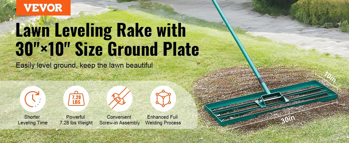 VEVOR lawn leveling rake with 30"x10" ground plate, shorter leveling time, powerful, and easy assembly.