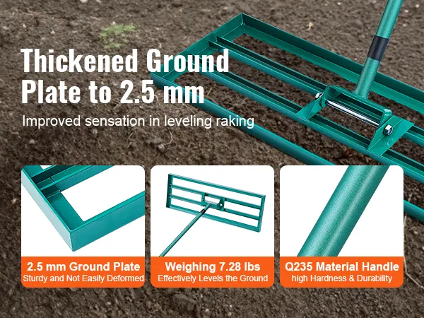 thickened 2.5 mm ground plate, 7.28 lbs weight, q235 handle for VEVOR lawn leveling rake.