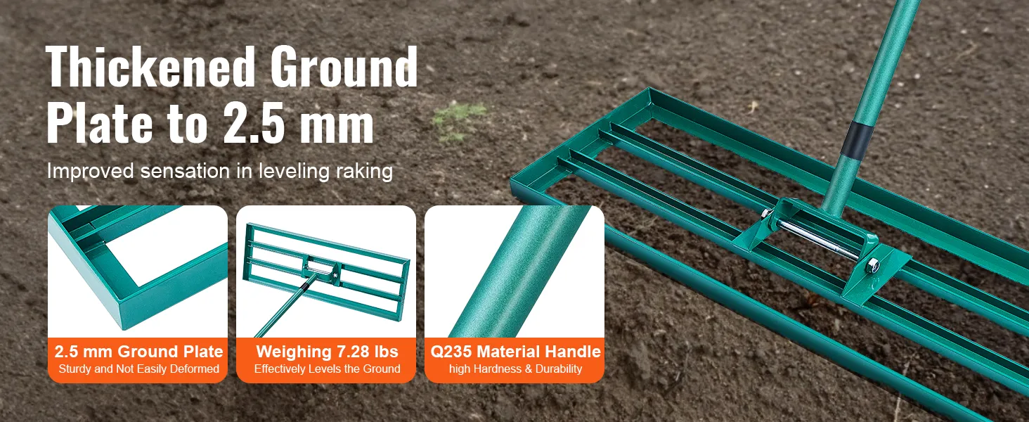 thickened 2.5 mm ground plate, 7.28 lbs weight, q235 handle for VEVOR lawn leveling rake.