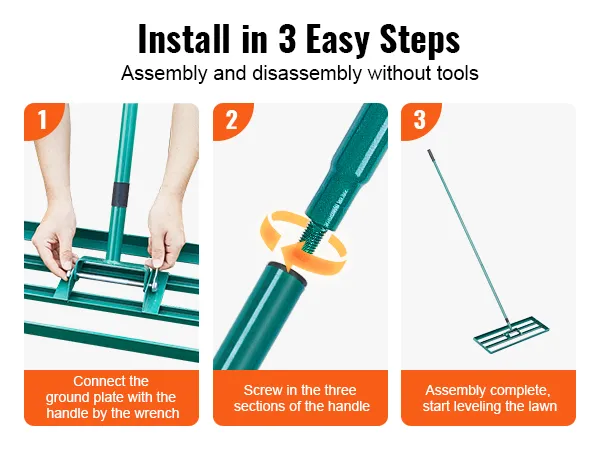 install VEVOR lawn leveling rake in 3 easy steps; connect, screw, and start leveling your lawn.