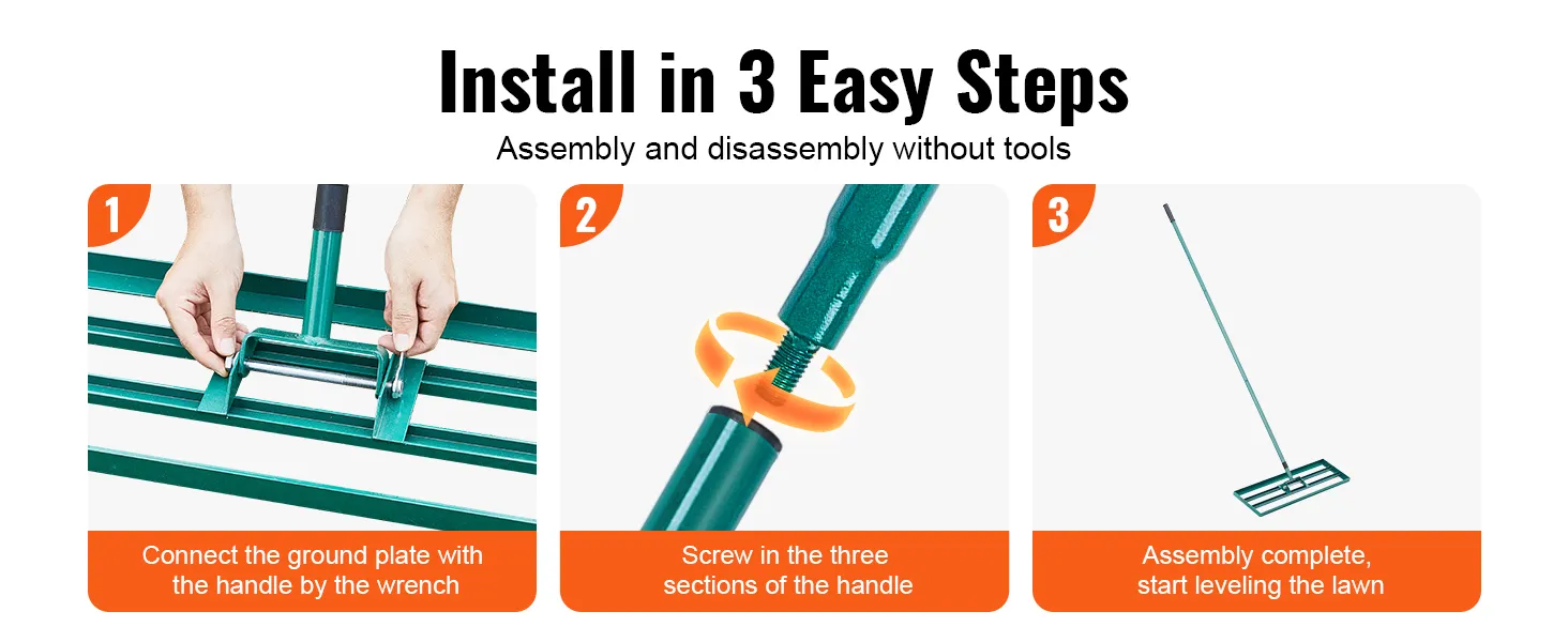 install VEVOR lawn leveling rake in 3 easy steps; connect, screw, and start leveling your lawn.