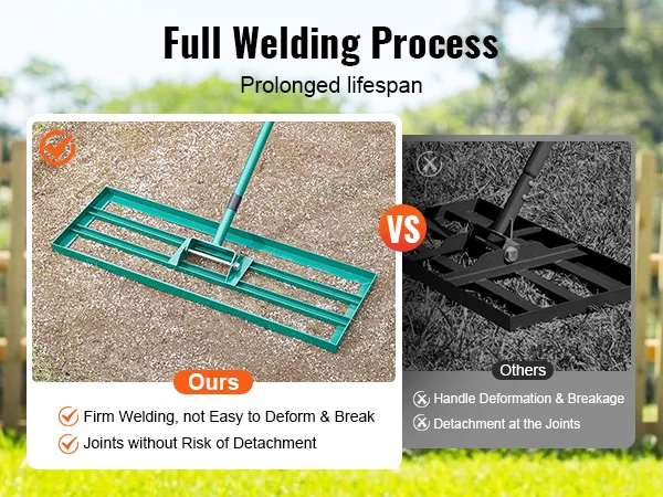 full welding VEVOR lawn leveling rake vs. others showing durability and joint strength.