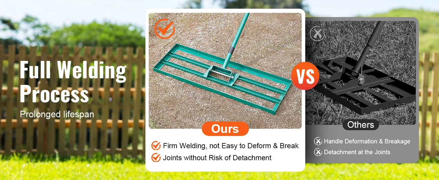 full welding VEVOR lawn leveling rake vs. others showing durability and joint strength.