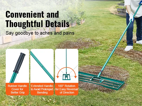 VEVOR lawn leveling rake with rubber handle, extended handle, 180-degree rotation on a garden lawn.