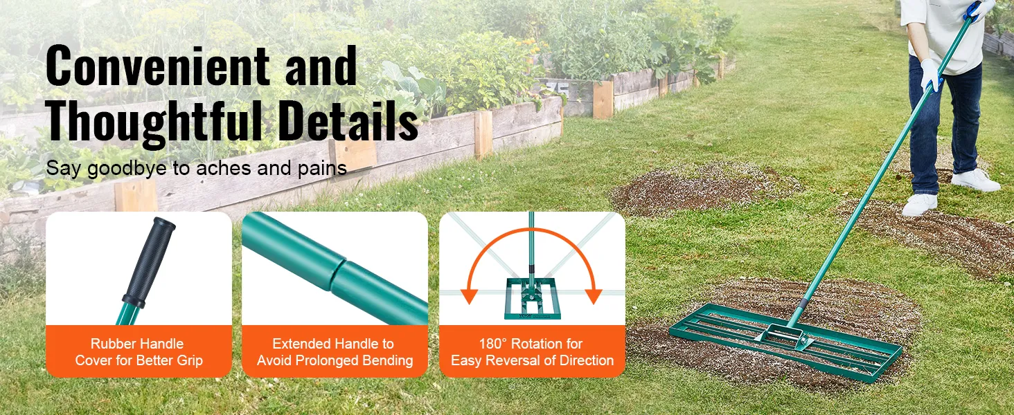 VEVOR lawn leveling rake with rubber handle, extended handle, 180-degree rotation on a garden lawn.