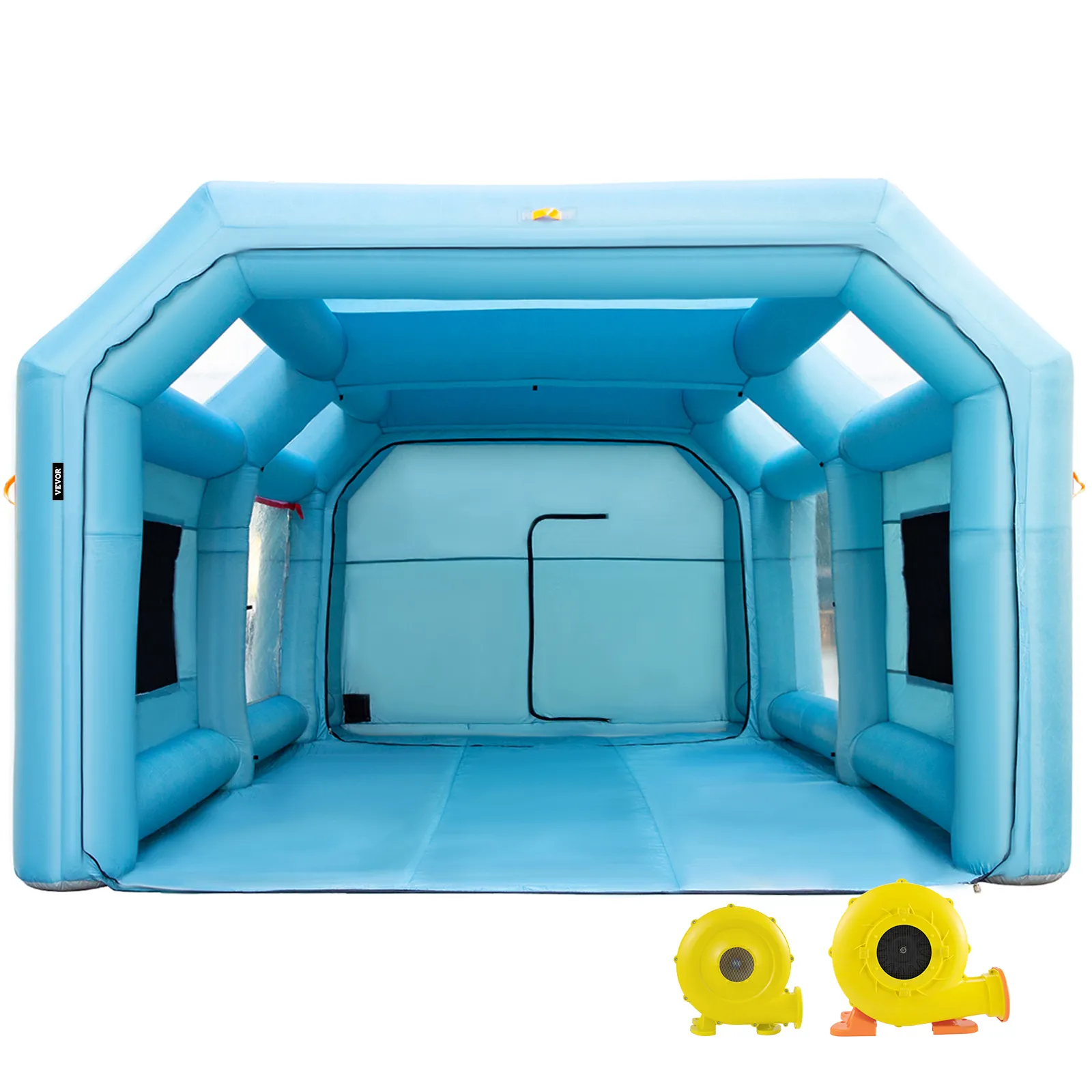 Cabina de pintura inflable VEVOR en color azul con dos sopladores amarillos mostrados en el frente.