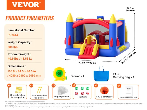 VEVOR-Hüpfburg mit Gebläse, Tragetasche, Heringen, Reparaturflicken, Zielbällen und Basketball.