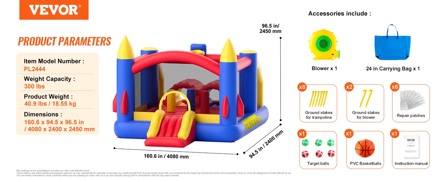 VEVOR-Hüpfburg mit Gebläse, Tragetasche, Heringen, Reparaturflicken, Zielbällen und Basketball.