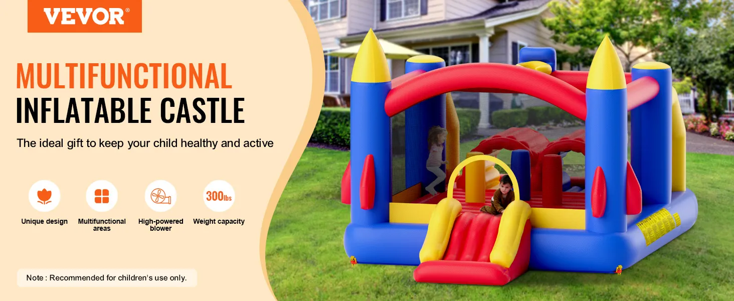 Hüpfburg von VEVOR – multifunktionale Hüpfburg für den Hinterhof, mit lebendigen Farben und verschiedenen Spielbereichen.