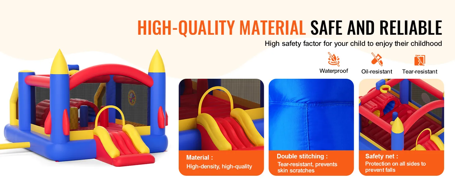 VEVOR Hüpfburg aus hochdichtem Material mit Doppelnähten und Sicherheitsnetz, wasserdicht, ölbeständig, reißfest.