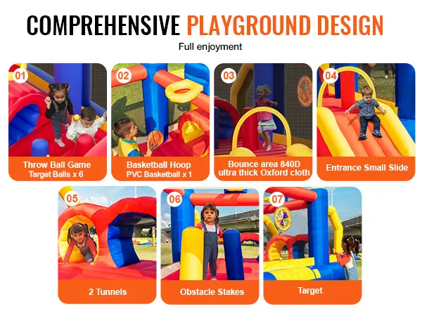 Umfassende Spielplatzgestaltung: Ballwurfspiel, Basketballkorb, Hüpfbereich, Rutsche, Tunnel, Pfähle, Zielscheibe.