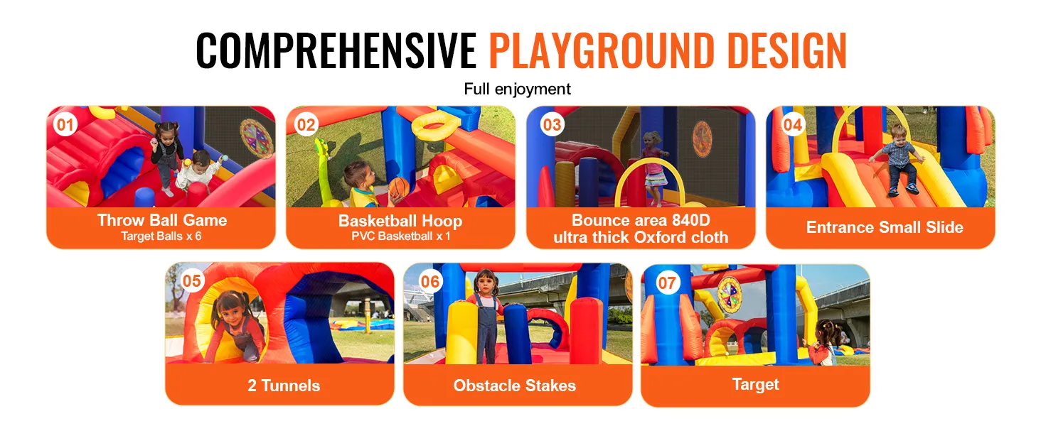 Umfassende Spielplatzgestaltung: Ballwurfspiel, Basketballkorb, Hüpfbereich, Rutsche, Tunnel, Pfähle, Zielscheibe.