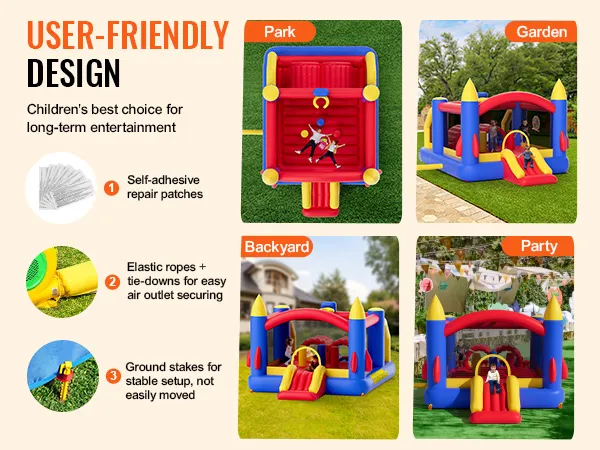 benutzerfreundliches VEVOR-Hüpfhaus für Hinterhof, Garten, Park und Partys, mit Reparaturflicken und sicherem Aufbau.