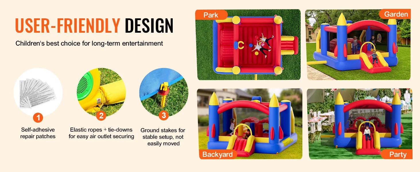 benutzerfreundliches VEVOR-Hüpfhaus für Hinterhof, Garten, Park und Partys, mit Reparaturflicken und sicherem Aufbau.