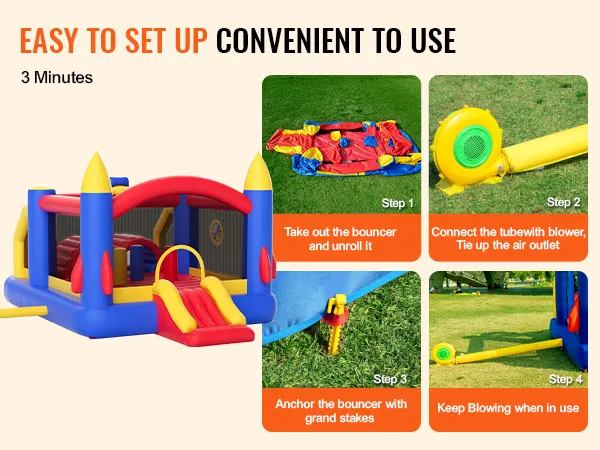Aufbauanleitung für das VEVOR-Hüpfhaus mit farbenfroher aufblasbarer Hüpfburg, Gebläse und Erdnägeln.