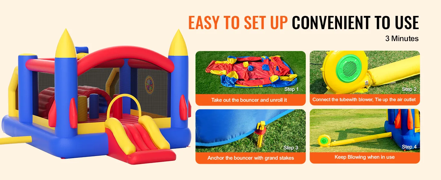 Aufbauanleitung für das VEVOR-Hüpfhaus mit farbenfroher aufblasbarer Hüpfburg, Gebläse und Erdnägeln.