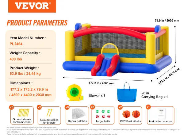 Dimensiones, accesorios, capacidad de peso y especificaciones del producto de la casa inflable VEVOR. Colores brillantes.