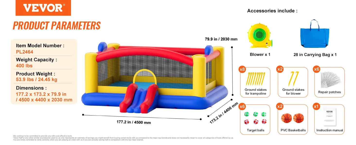 Dimensiones, accesorios, capacidad de peso y especificaciones del producto de la casa inflable VEVOR. Colores brillantes.