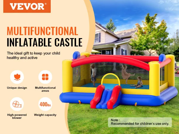 Casa inflable VEVOR en un patio trasero con niños jugando dentro de un castillo inflable colorido.