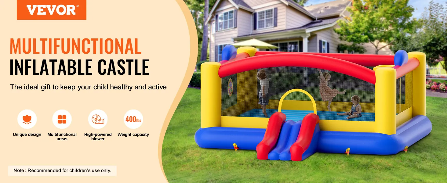 Casa inflable VEVOR en un patio trasero con niños jugando dentro de un castillo inflable colorido.