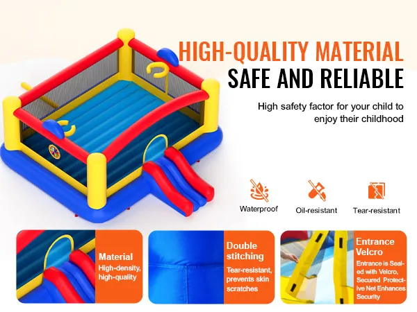 Castillo inflable VEVOR con material de alta densidad, doble costura, entrada segura, impermeable, resistente al aceite, resistente al desgarro.