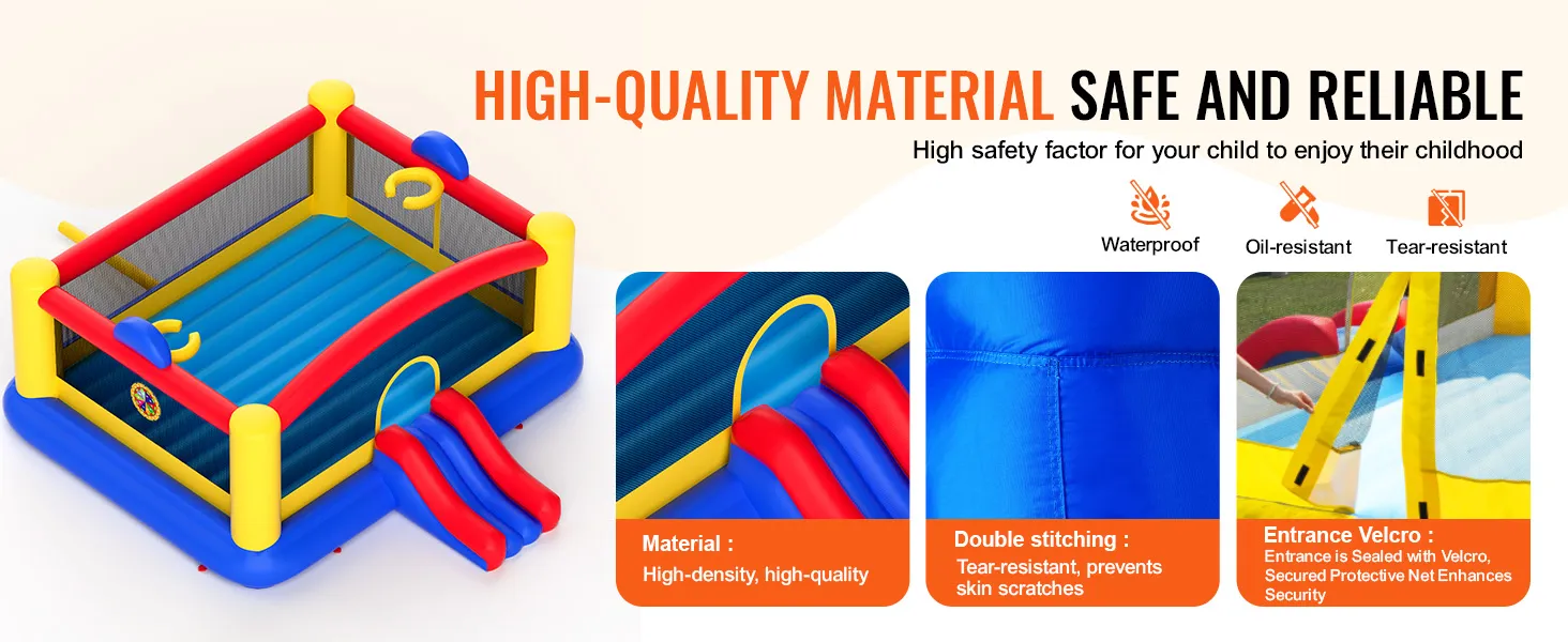 Castillo inflable VEVOR con material de alta densidad, doble costura, entrada segura, impermeable, resistente al aceite, resistente al desgarro.