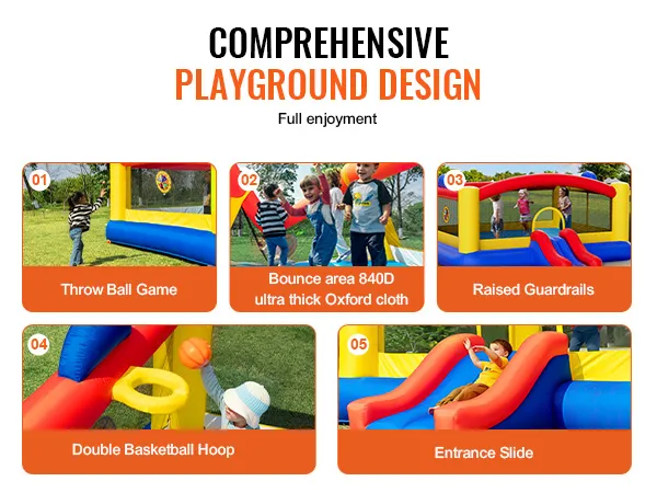 Casa inflable VEVOR con simulación de cancha de baloncesto, juego de lanzamiento de pelota, barandillas elevadas y tobogán de entrada.
