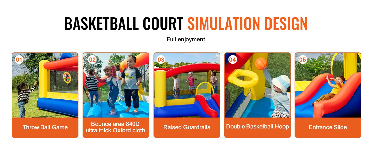 Casa inflable VEVOR con simulación de cancha de baloncesto, juego de lanzamiento de pelota, barandillas elevadas y tobogán de entrada.