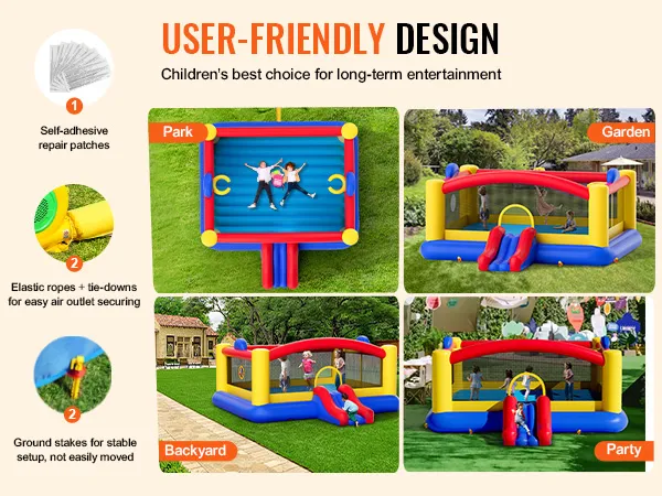 Casa inflable VEVOR para niños en parque, jardín, patio y fiesta, con toboganes y red de seguridad.