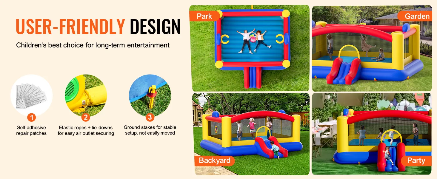 Casa inflable VEVOR para niños en parque, jardín, patio y fiesta, con toboganes y red de seguridad.
