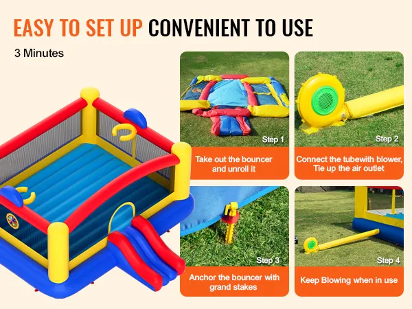 Pasos de instalación del castillo inflable VEVOR con soplador, estacas de anclaje y área de juegos inflable. Fácil y conveniente.