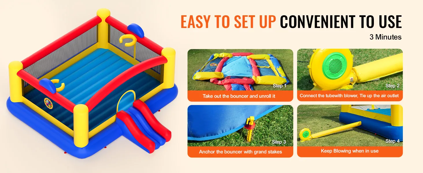 Pasos de instalación del castillo inflable VEVOR con soplador, estacas de anclaje y área de juegos inflable. Fácil y conveniente.