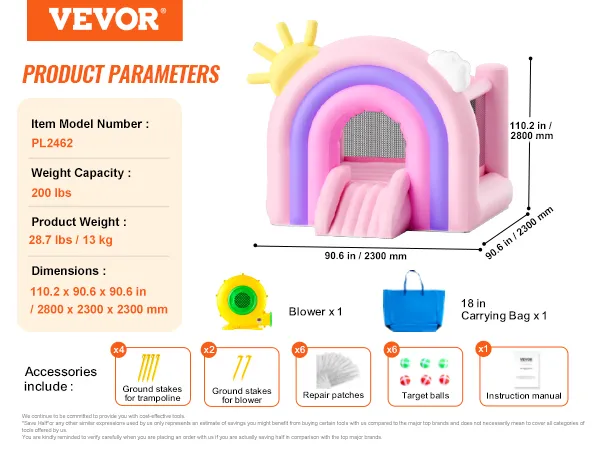 Hüpfburg von VEVOR, 2300 mm, rosa, aufblasbar, mit Gebläse, Tragetasche, Heringen, Zielbällen, Reparaturflicken.