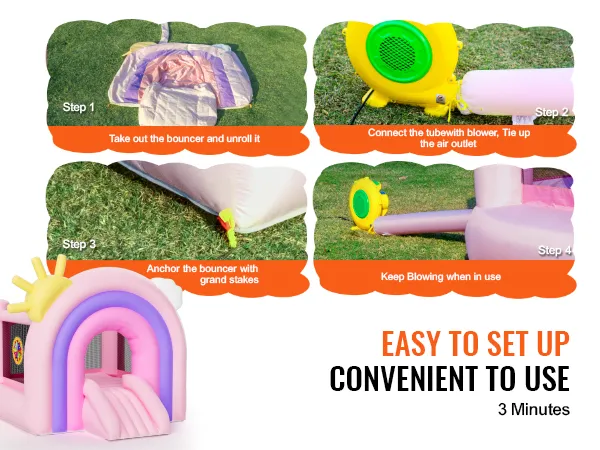 Hüpfburg von VEVOR, einfacher Aufbau in 3 Minuten mit Gebläse und Heringen. Farbenfrohes Design mit Rutsche.