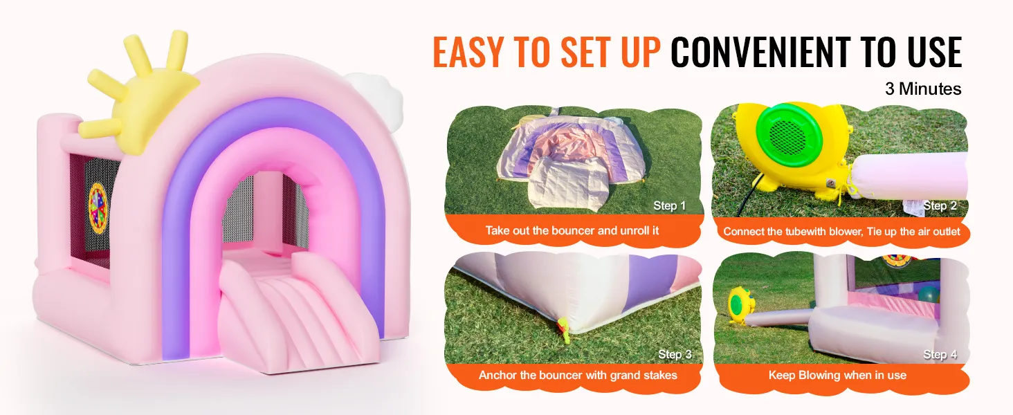Hüpfburg von VEVOR, einfacher Aufbau in 3 Minuten mit Gebläse und Heringen. Farbenfrohes Design mit Rutsche.