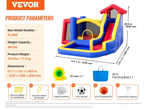 VEVOR springkussen met glijbaan, blower, draagtas, grondpennen, reparatiepleisters en sportballen.