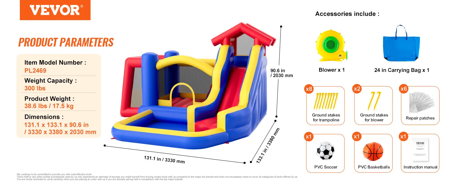 VEVOR springkussen met glijbaan, blower, draagtas, grondpennen, reparatiepleisters en sportballen.