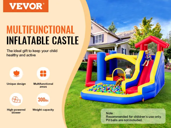 VEVOR springkussen, multifunctioneel opblaaskasteel met glijbaan en ballenbak in een achtertuin.