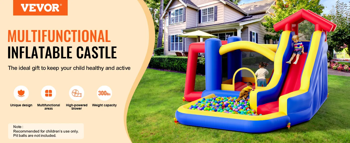 VEVOR springkussen, multifunctioneel opblaaskasteel met glijbaan en ballenbak in een achtertuin.